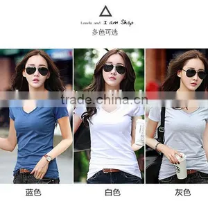 The New Spring and Summer 2017 Han Edition Cultivate One's Morality Show Thin Contracted V-neck ms Pure Color T-shirt With Short thumbnail-6