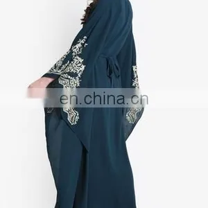 Women V-Neck Blue Abaya Muslim Dress With Embroidery thumbnail-3