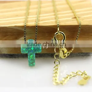 Synthetic Kiwi Green Opal Cross Pendant With 18K Plated 925 Sterling Silver Chain Necklace thumbnail-3