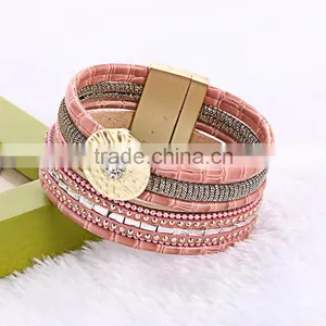 Bohemian Multilayer Rhinestone Crystal Magnetic Wide Velvet Leather Bracelet thumbnail-5