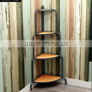 4 Tiers Triangle Wood Board Iron Pipe Frame Living Room Corner Shelf thumbnail-1