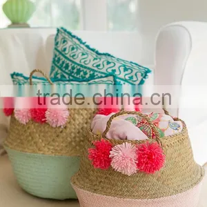 Decor Seagrass Baskets With Pompoms/ Seagrass Storage Baskets thumbnail-1