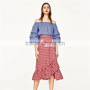 2017 OEM Spring Cute Pleated Vertical Stripes Off Shoulder Blouse thumbnail-2