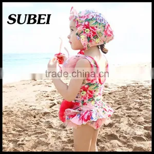 Children Swimwear Piece Swimsuit Girls Swimming Cap Swimming Beach With Floral Dress thumbnail-2