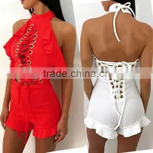 B33751A New Autumn Fashion Wholesale Lace up Bandage Shorts Jumpsuit thumbnail-1