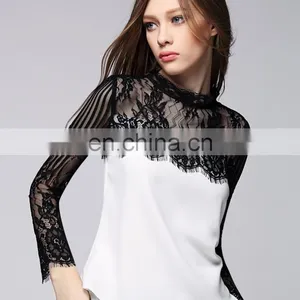 Office Lady Elegant Stand Lace Collar With White Crepe Long Sleeves Sexy Blouse thumbnail-3