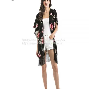 Floral Printed Fringing Hem Open Casual Chiffon Dress thumbnail-2