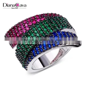 Unique 3 Strips Colorful Cubic Zirconia Siam Emerald Montana Cocktail Party Ring thumbnail-1