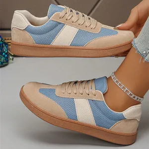 Buckskin Leopard Patchwork Lace Up Flat Sneakers White Mesh Color Block Patchwork Lace-up Sneakers Wholesale Women Running Shoes thumbnail-4
