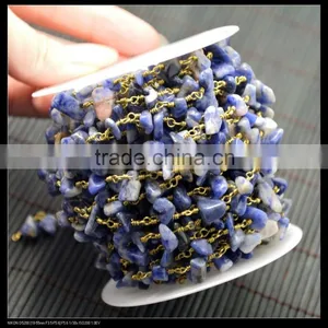 LFD-003C ~Wholesale DIY Gold Plated Wire Wrapped Freeform Lapis Chips Chain Gemstone Beaded Jewelry Finding thumbnail-3