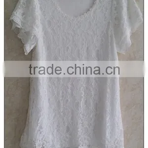 Sweet Short Sleeve Lace T-shirt White Cotton Summer Top for Lady thumbnail-1