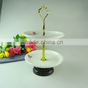Wholesale Stocked Porcelain Two Layers Cake Stand for Food, Porcelain Fruit Plate With Gold Line,wedding Cake Use thumbnail-1