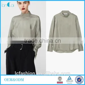 Autumn Women's Shirts Blouses 2017 100% Viscose Rounded Neck Long Sleeve Blouses thumbnail-1