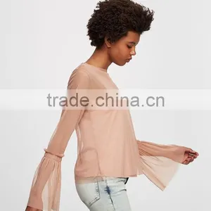 Wholesale Woman Fashion Ruffle Flounced Sleeve Soft Mesh Lady Tops thumbnail-5