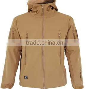 Wholesale Mens Khaki Multi Pocket Softshell Jacket With Connected Hood thumbnail-1