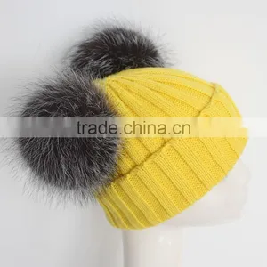 Myfur Yellow Color Wool Knitting Beanie Hat With Genuine Silver Fox Fur Pompoms thumbnail-5