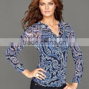 Fashion Designer Long Sleeve V Neck Slim Fit Print Chiffon Shirt thumbnail-1