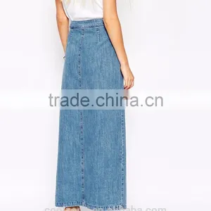 New Arrival Button Front Ladies Denim Skirt Wholesale Jean Maxi Skirts 2015 thumbnail-4