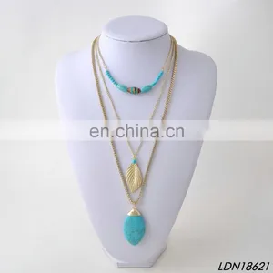 Three Layered Gold Necklace Turquoise Pendant Necklace With Gold Leaves thumbnail-1