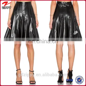 Black Plated Knee Length Women Leather Skirt thumbnail-1