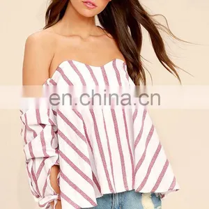 Custom Off the Shoulder Striped Crop Top For Women thumbnail-2