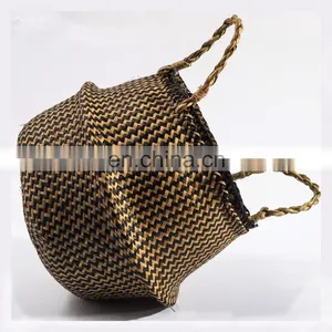 HBK Handmade Foldable Nature Plant Toys Kid Flower Seagrass Laundry Belly Basket With Handle thumbnail-3