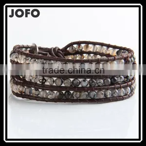 Fashion Jewelry 4 Strands 4mm Agate/Turquoise/Aquamarine/Opal Handmade Brown Leather Beaded Wrap Bracelet Excellent Handwork thumbnail-1