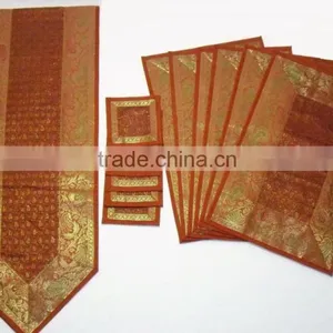 Indian Silk Table Runner With 6 Place Mats & 6 Coaster in Orange Color Size 16*62 thumbnail-1