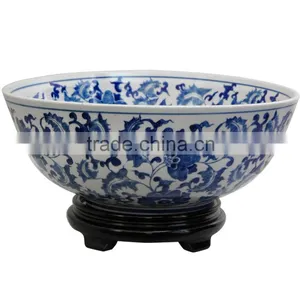 14" Floral Blue & White Porcelain Bowl thumbnail-1