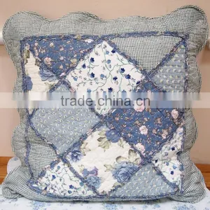 Shabby Chic Blue Patchwork Floral Cushion Covers Cotton 18" thumbnail-1