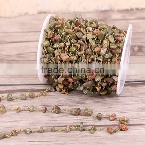 Antique Bronze Plated Brass Hand Wired Unakite Stone Chips Beads Link Rosary Chains Jewelry Findings thumbnail-2