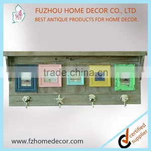 Antique Wooden Wall Shelf With Colorful Photo Frame & Oceanic Metal Hangers thumbnail-1
