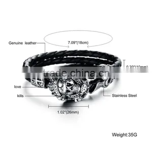 New Trending Skull Style Stainlesss Steel Genuine Leather Bracelet Men thumbnail-6