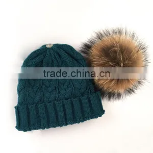Myfur Teal Green Large Animal Raccoon Fur Bobble Crochet Hat and Cap thumbnail-3