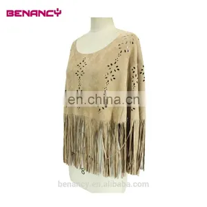 2017 Trendy Laser Cut Suede Kimono Poncho With Long Fringe thumbnail-2