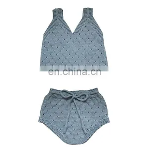100% Cotton Knitted Kid Girl Knitted 2pcs Set On Crop and Short Sets for Knitted thumbnail-5