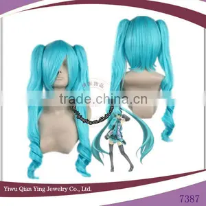 High Quality Long Blue Synthetic Vocaloid Cosplay Wig With Two Clip Ponytails thumbnail-1
