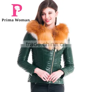 New Design Winter Women Short Slim Fit Leather Jacket With Red Fox Hat Overcoat thumbnail-1