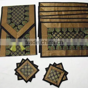 Indian Silk Table Runner With 6 Placemats & 6 Coaster in Black Color Size 16*62 thumbnail-1
