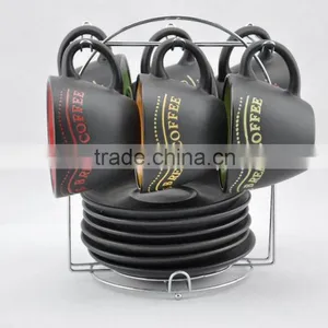 Black Color Ceramic Coffee Cup and Saucer With Rack thumbnail-1