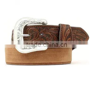 Western Cowboy's Silver Buckle Belt Floral Embossed Leather Belt thumbnail-1