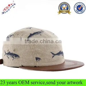 Fish Pattern 5 Panel Hat Leather Brim Cheap Fashion Custom Blank 5 Panel Hat thumbnail-1