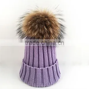 Myfur High Quality Real Raccoon Fur Bobble Wool Blend Knitted Hat Wholesale thumbnail-1