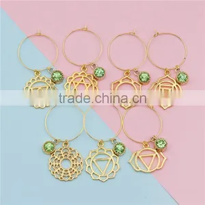 Yoga Healing Hoop Earrings Gold Plated Round Flower Green Rhinestone Wine Glass Marker Charms thumbnail-1
