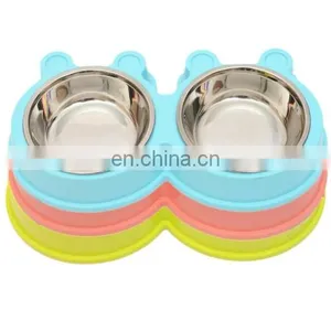 Cheap Wholesale Price Dropshipping 2 in 1 Stainless Steel Bowls, Anti-slippery Mat Cartoon Shape Detachable Pets Bowls (Pink) thumbnail-1