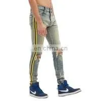DiZNEW Men's High Stretch Striped Ripped Blue Skinny Side Jeans Man thumbnail-2