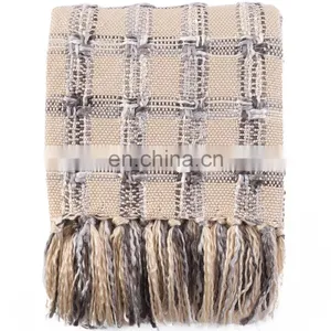100%Acrylic Thick Beige Woven Check Pattern South Korean Style Blanket thumbnail-2