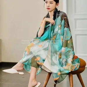 Moire Sunscreen Silk Scarf Beach Scaves Square Scarf Flowers Paintings High Quality thumbnail-2