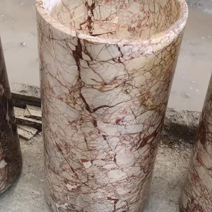 Round Red Marble Pedestal Sink Polished Natural Stone Bathroom Basin Factory Direct Custom Size for Hotel Villa Home thumbnail-1