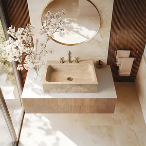 Travertine Marble Easy Clean Rectangular Countertop Vessel Sink Factory Direct Wholesale Hand Wash Basin OEM ODM for Hotel thumbnail-1